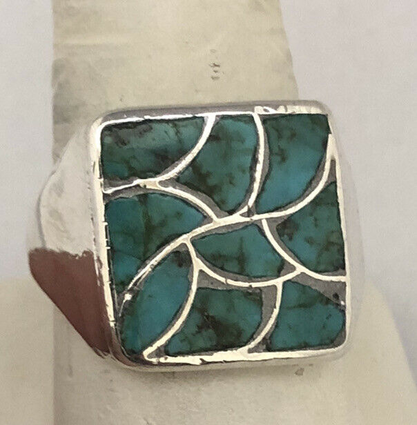 Vintage Navajo Solid Sterling Silver RR Engraved Turquoise Inlay Mosaic Ring